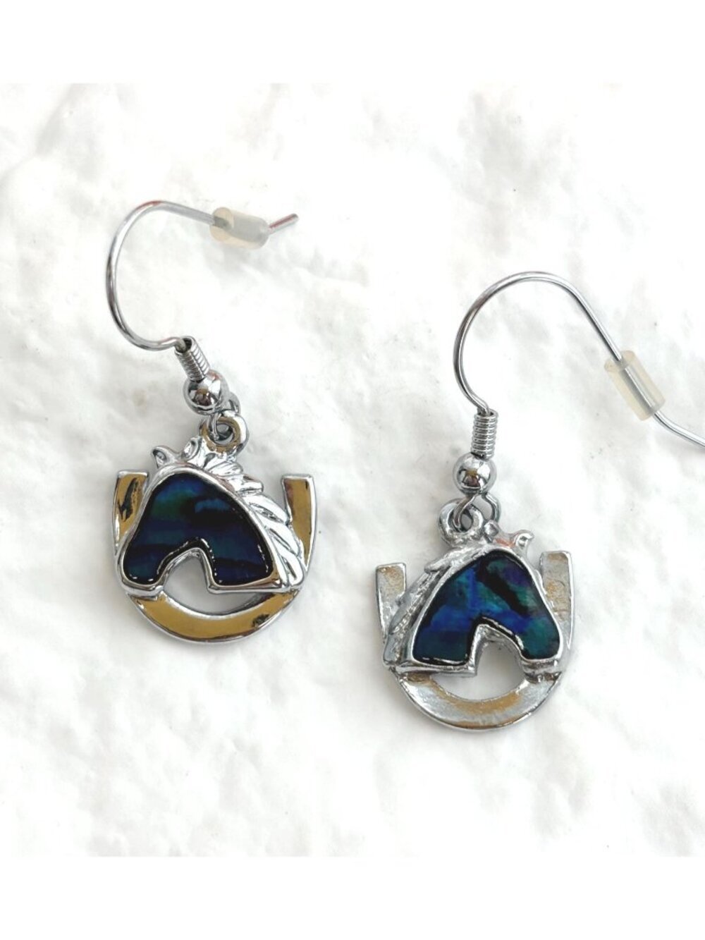 Faux Abalone Accented Horseshoe Shaped Ear Wire Vintage Silver T 80's Earrings